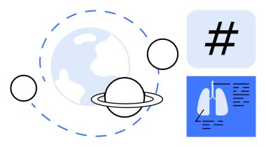 Yörüngede halkaları olan bir gezegen, mavi karede üstveriler, mavi dikdörtgende akciğer anatomisi diyagramı. Eğitim, bilim, sağlık, alan, araştırma, dijital medya sade iniş sayfası için ideal