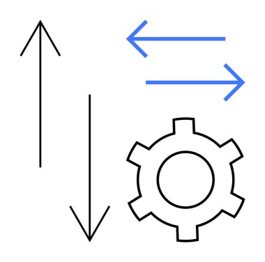 Dikey ve yatay okları olan dişliler süreç akışını ve yönünü sembolize ediyor. Otomasyon, iş akışı, mühendislik, üretkenlik, optimizasyon, problem çözme, basit iniş sayfası için ideal