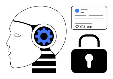 Vites sembollü robot kafası, sosyal medya profili, baş parmaklar ve kilit sembolü. Yapay zeka, makine öğrenimi, siber güvenlik, veri koruması, dijital mahremiyet, sosyal medya sade inişi için ideal