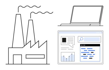 Fabrika binası, dizüstü bilgisayar ve analitik kontrol paneli endüstriyel teknoloji entegrasyonunu temsil ediyor. Veri analizi, otomasyon, endüstri yeniliği, teknoloji geliştirme, üretkenlik ve verimlilik için ideal
