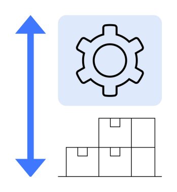 Dikey oklu dişli simge ve istiflenmiş kargo kutuları işlem optimizasyonunu, lojistiği, ambalajı veya depoyu sembolize ediyor. Arz zinciri, üretim, üretkenlik, büyüme ve teknik için ideal