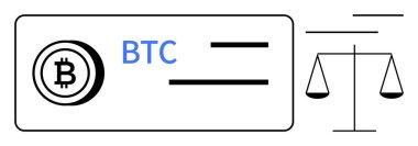 Bitcoin logosu, BTC metin, belge satırları ve kripto para birimi kullanımını, mali dengeyi, güveni, düzenlemeyi, güvenlik şeffaflığını ve modern finansmanı temsil eden adalet skalası. Hukuk teknolojisi için ideal