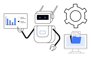 Robot veri tablosu, vites optimizasyonu, klasörlü bilgisayar, otomasyon, dijital iş akışı. Yapay zeka, teknoloji, veri, otomasyon yenilik yönetimi için ideal basit