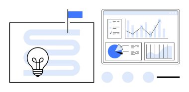 Bayrak taşıyan bir yoldaki ampul yeniliği ve komşu gösterge panelinde grafikleri, grafikleri ve analizleri sembolize eder. Planlama, dijital strateji, iş büyümesi, hedef belirleme için ideal