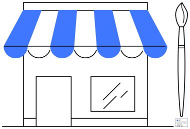 Mavi çizgili tenteli, ön penceresi ve dikey boya fırçası olan küçük bir dükkan. Yaratıcılık, sanat sektörü, markalaşma, perakende, mağaza önü, girişimcilik ve basit bir iniş sayfası için ideal