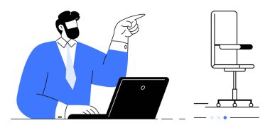 Resmi kıyafetli bir adam dizüstü bilgisayar kullanıyor, boş bir sandalyeyi işaret ediyor. Liderlik için ideal, sunumlar, takım çalışması, işbirliği, iş planlaması, çevrimiçi toplantılar, basit iniş sayfası