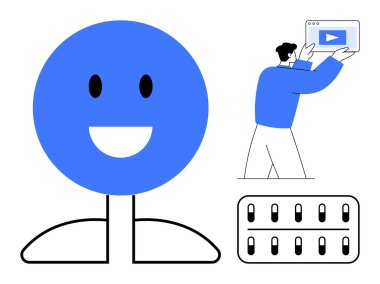 Mavi gülen yüz karakteri, video arayüzü ve klavye elemanlarıyla ilgilenen kişi. Medya, teknoloji, eğitim, dijital iletişim, yaratıcılık, kullanıcı deneyimi için ideal