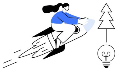 Hareket halindeki kadın ileri görüşü ve hızı simgeler. Ağaç ve ampul sürdürülebilirliği ve yaratıcılığı vurgular. Yenilik, büyüme, çevre, ilerleme, ekoloji, fikirler, hırs için ideal