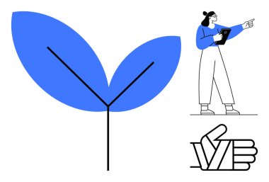 Mavi yaprak sembollü modern düz tasarım elementleri, ileriye bakan tablet tutan kişi ve baş parmak işareti yapan el hareketi. Takım çalışması, eko-düşünce, liderlik, rehberlik, sürdürülebilirlik için ideal