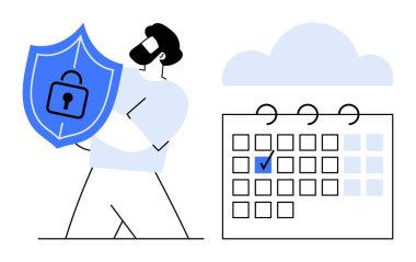 Güvenlik kalkanını tutan kişi, takvimin yanındaki kilit altında, üzerinde bulutlar olan bir tarih var. Veri güvenliği, gizlilik, şifreleme, planlama, zamanlama, bulut güvenliği, koruma için ideal