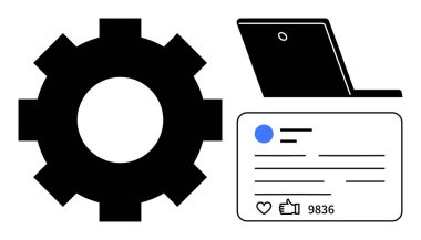 Vites simgesi, açık dizüstü bilgisayar ve onayı ve yorum sayısı olan online nişan kartı. Teknoloji, yazılım, sosyal medya, dijital pazarlama, iş akışı, analitik basit iniş sayfası için ideal
