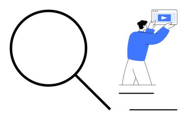 Video arayüzü tutan adamın yanında büyüteç. Araştırma, içerik keşfi, analiz, öğrenme, çevrimiçi eğitim, pazarlama, basit iniş sayfası için ideal