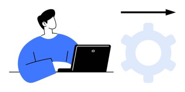 Dizüstü bilgisayarı olan kişi vites simgesi ve okun yanına oturmuş ve hareket olduğunu ima ediyor. Yenilik için ideal, iş stratejisi, üretkenlik, gelişme, planlama, teknoloji, iş akışı. Düz basit