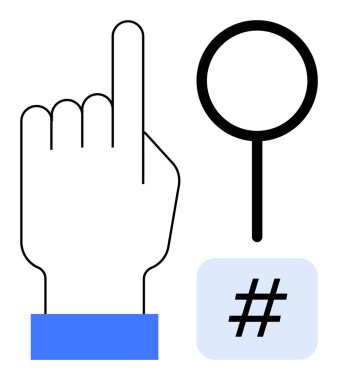 Üst el hareketi, büyüteç ve arama, popülerlik, keşif, trend analizi, kullanıcı etkileşimi, dijital iletişim, basit iniş sayfasını sembolize eden üstveri etiketi simgesi