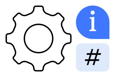 Dişliler, mavi bilgi sembolü, gri renkli üstveri etiketi simgesi, ayarlar, bilgiler ve eğilimler. Teknoloji, iletişim, sosyal medya internet eğitimi analitikleri için ideal