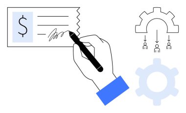 Kalemle, dolarla ve vites şemalarıyla bir çek imzalıyorum. Ödeme, finans, iş akışı, takım çalışması, organizasyon, iş planlaması için ideal düz metafor