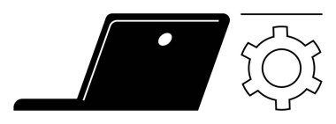 Dizüstü bilgisayarı, konfigürasyonu ya da teknik yönleri sembolize eden bir vites simgesinin hemen yanında aç. Teknoloji, bilişim çözümleri, yazılım, donanım, süreçler, kişiselleştirme, basit iniş sayfası için ideal