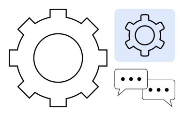 İkili konuşma baloncukları olan dişli sembolü, problem çözmeyi, takım çalışmasını, işlem verimliliğini gösteriyor. İletişim, işbirliği, verimlilik, strateji, mekanik beyin fırtınası için ideal