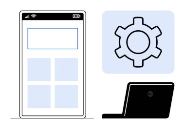 Uygulama düzeni için mobil arayüz, ayarları sembolize eden dişli simgesi ve dizüstü bilgisayar, uygulama tasarımı, teknoloji, yazılım geliştirme vurgusu. IT yönetimi, web tasarımı, UX UI testi için ideal