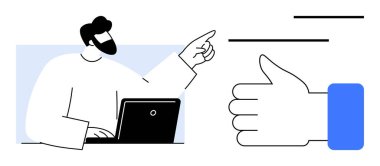 Bilgisayarla çalışan biri olumlu bir jest yaparak büyük bir el hareketi yapıyor. İletişim, takım çalışması, başarı, onay, dijital etkileşim, liderlik, üretkenlik için ideal. Düz basit metafor