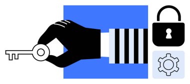 Mavi kareye karşı el ele tutuşan anahtara kilit ve vites simgeleri eşlik ediyor. Güvenlik, gizlilik, erişim, kimlik doğrulama, teknoloji, iş stratejisi, basit iniş sayfası için ideal