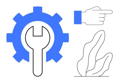Vites ve anahtar sembolik araç ve ayarlar, yön ve rehberlik için el gösterimi ve minimum botanik tasarımı. Kullanılabilirlik, talimatlar, araçlar, onarım, bakım, sistem için idealdir