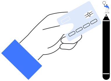 İnsan eli kredi kartıyla büyüteç kullanarak kaleme tırmanır. Finans, analiz, keşif, ödeme yöntemleri, yaratıcılık, araştırma, basit iniş sayfası için ideal