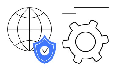 Küre bir ağı simgeliyor. Güvenlik işaretli mavi kalkan, sistem ayarları için teçhizat. Teknoloji, siber güvenlik, ayarlar, küresel bağlantı, mahremiyet, veri güvenliği işlemleri için ideal