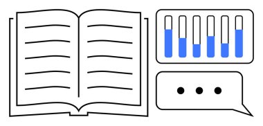 Metni temsil eden yatay çizgilerle, mavi ilerleme çubuklarıyla çizelgelerle ve üç noktalı konuşma baloncuğuyla açık bir kitap. Öğrenim, eğitim, araştırma, iletişim, organizasyon için ideal
