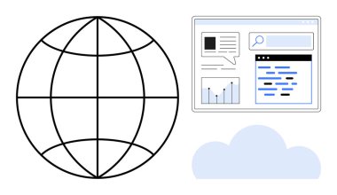 Küre küresel erişimi simgeler, bulut depolama için bulut, ve çizelgeler ve arama ile web arayüzü. Teknoloji, analitik, ağ, iletişim, bilişim hizmetleri, küreselleşme için ideal basit