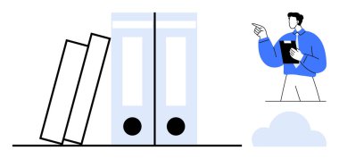 Ayakta duran adam el panosundaki dosya dizinlerine el hareketleriyle işaret eder. Organizasyon, kayıt yönetimi, karar verme, işyeri verimliliği, araştırma, uyum için ideal, düz basit metafor