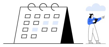 İşaretli günleri olan büyük masa takvimi, görevleri gösteren tablet tutan kadın. Planlama, zamanlama, zaman yönetimi, organizasyon, üretkenlik, takım çalışması, basit iniş sayfası için ideal