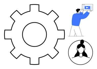 Kalın çizgili taslak sistem ayarları, video çerçeve taşıyan bir adam, daire şeklinde kadın avatarı. Teknoloji, medya, süreçler, takım çalışması, iş akışı, ayarlar için ideal