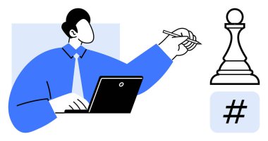 Profesyonel olarak dizüstü bilgisayarda çalışıyor, satranç taşı ve meta veri etiketinin yanında bir kalem tutuyor. Strateji, yenilik, karar verme, planlama, yaratıcılık, liderlik, basit iniş sayfası için ideal