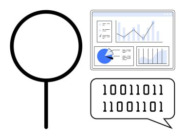 Büyüteç, gösterge paneli grafikleri, grafikleri ve konuşma baloncuğundaki ikili kod ile temsil edilen verileri inceler. Analiz, araştırma, teknoloji, siber güvenlik, yapay zeka ve eğitim için ideal bir iniş sayfası