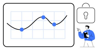 Veri noktaları olan büyüme tablosu, güvenli kilit sembolü ve profesyonel sunum eğilimleri. Analiz, siber güvenlik, iş stratejisi, eğitim, dijital araçlar, veri bilimi dairesi için ideal