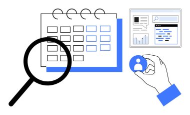 Büyüteç bir takvimi inceler, kullanıcı simgesini tutar ve kavrayışlı bir veri göstergesi oluşturur. Zamanlama, kullanıcı yönetimi, analitik, arama, organizasyon, basit iniş sayfası planlama için ideal