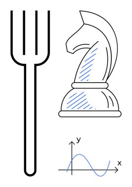 Seçenekleri simgeleyen çatal, stratejiyi temsil eden satranç şövalyesi ve analiz ve planlama için sinüs grafiği. Karar verme, strateji, analiz, eğitim, mantık ve eleştirel düşünme temaları için ideal