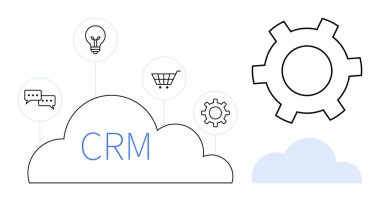 CRM platformu bulut görüntüsü bağlayıcı ekipman, alışveriş arabası, sohbet balonu, ampul simgeleri ile temsil ediliyor. Müşteri yönetimi, iş çözümü, yenilik, iş akışı, e-ticaret için ideal