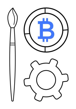 Boya fırçası sanatı simgeler, Bitcoin kriptoyu temsil eder, ve alet de teknoloji ve yeniliği. Yaratıcılık, engelleme zinciri, dijital ekonomi, fintech, yenilik, mühendislik için ideal