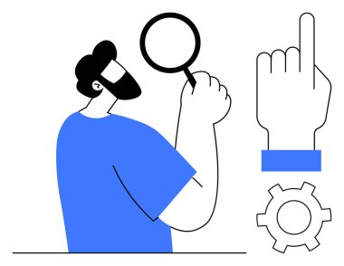 Sakallı adam elinde büyüteç, eli yukarıda, vites ayarlarını temsil ediyor. Araştırma, analiz, araştırma, keşif, odaklanma için ideal basit iniş sayfası