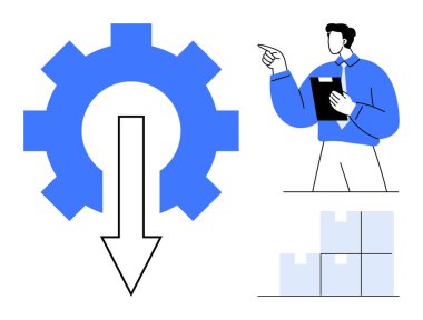 Menajer pano tutuyor, teçhizat aşağı doğru ok, istiflenmiş kutular. İkmal zinciri, lojistik, optimizasyon, yönetim, verimlilik planlama takım çalışması için ideal. Düz basit metafor