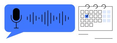 Konuşma balonunun içinde bir mikrofon ve işaretli bir takvim sayfasının yanında. Üretkenlik, planlama, teknoloji, dijital asistan, otomasyon, ses tanıma için ideal, düz basit metafor