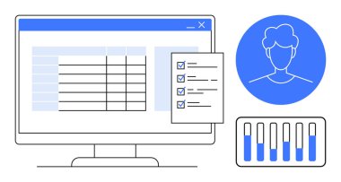 Bir veri tablosu, kontrol listesi, kullanıcı avatarı ve çubuk grafik görsellerini gösteren bilgisayar ekranı. Proje yönetimi, veri analizi, üretkenlik, organizasyonel araçlar, istatistik takım çalışması için ideal basit