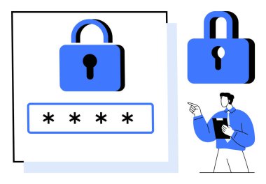 Asma kilit, yıldız işaretli şifre alanı ve çevrimiçi güvenlik ve mahremiyeti temsil eden bir kişi. Kimlik doğrulama, giriş koruması, şifreleme, siber güvenlik, gizlilik farkındalığı verileri için ideal