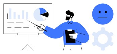 Erkek sunucu, çubuk grafiğini ve pasta grafiğini işaretleyici kullanarak açıklıyor. Yakınlarda tarafsız yüz, duygu ve vites simgesi var. Takım çalışması, analitik, planlama, problem çözme, sunum için ideal