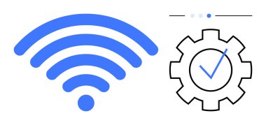 Mavi kablosuz sinyal dişli yanında kontrol işareti, sabit bağlantı, ağ optimizasyonu ve sistem yapılandırmasını temsil ediyor. Teknoloji, internet ve mobil ağ için ideal
