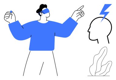 VR kulaklık takan bir adam, elinde bir nesne tutuyor ve başını ve yıldırım sembolünü yakınlarda tutuyor. Yenilik, yaratıcılık, teknoloji, eğitim ve öğrenme için ideal basit bir iniş.