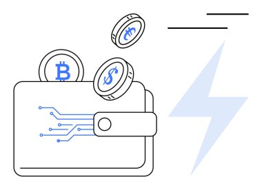 Devre dizaynlı cüzdan ve yükselen dijital para birimi sikkeleri, dolar, bitcoin, yıldırım ikonu. Fintech, kripto para birimi, ödemeler, engelleme zinciri yenilik teknolojisi için ideal. Düz basit