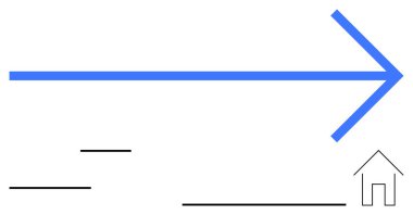 Basit bir ev simgesine giden kalın mavi ok, soyut yatay çizgilerle tamamlanmış. Temalar için ideal navigasyon, rehberlik, eve dönüş, hedef başarısı, ilerleme, minimalizm, düz